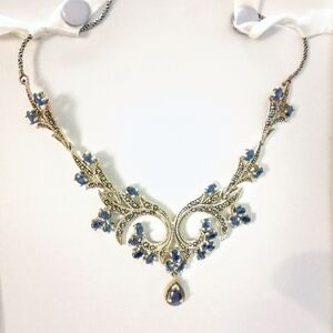 925 Genuine Blue Sapphire 28 Stones Marcasite Victorian Style  Necklace 19"X5"